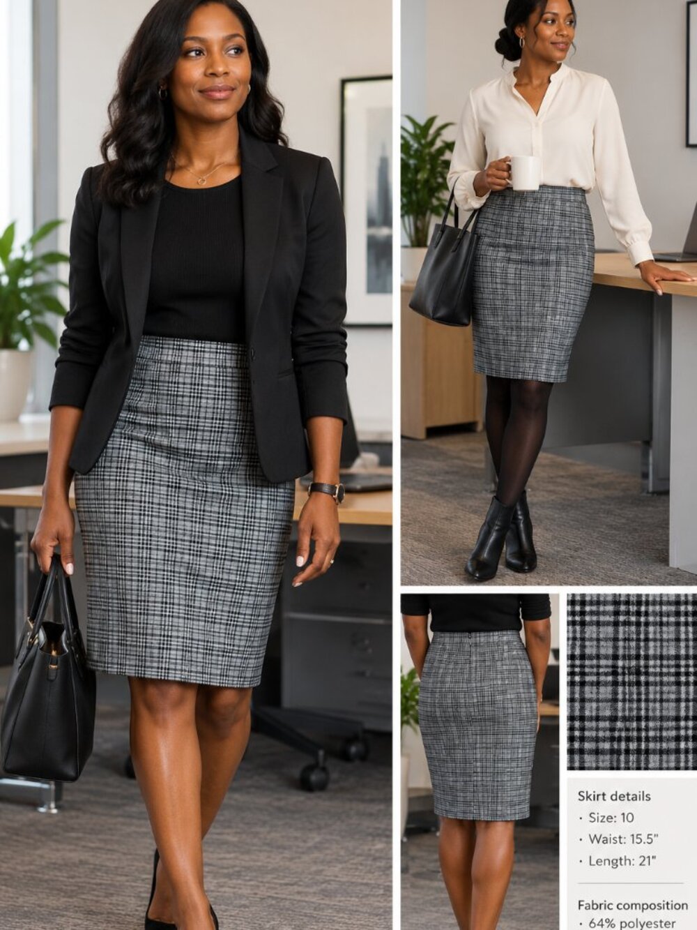 Tristan pencil skirt, black and white micro plaid wool blend
